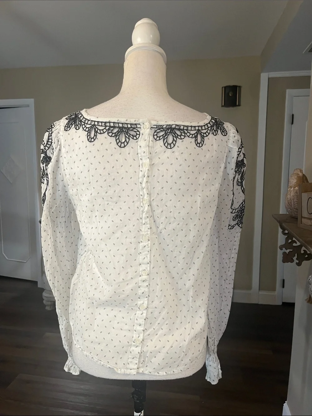 Free People White Blouse with Black Embroidered Yoke